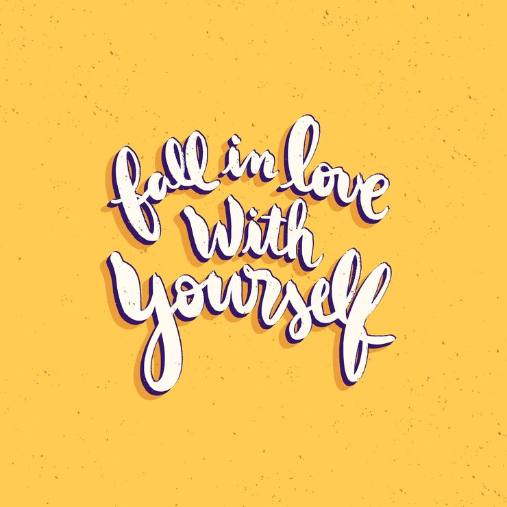 Hand lettered fall in love with yourself quote on yellow background representing 5 minute self-love rituals